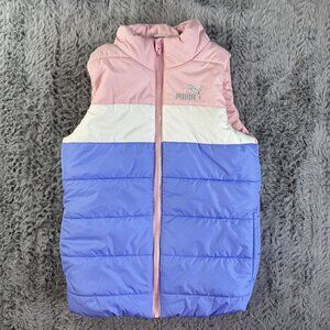 Puma Insulated Quilted Puffer Vest Girl S7/8 Pink Blue Full Zip Pockets Moc Neck